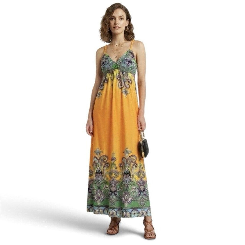 NWT iB Diffusion Yellow Multicolor Paisley Print Maxi Dress Sleeveless Size M